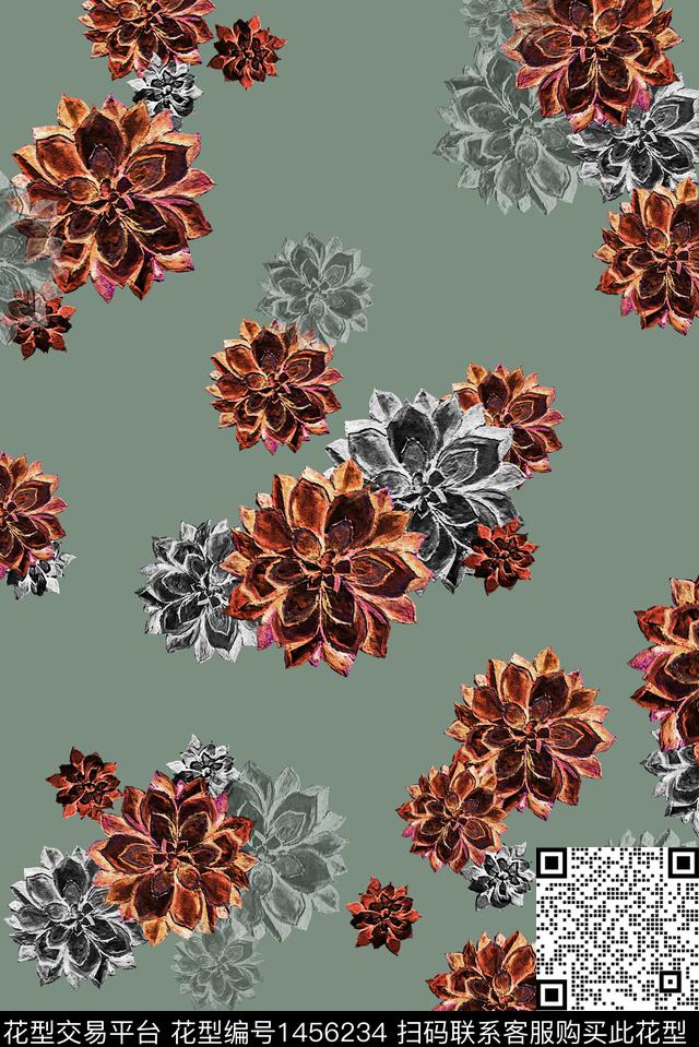 绿植树叶圆形花卉数码印花花型下载（图片编号: 1456234） - 瓦栏（Walan）