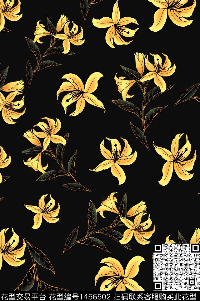 黑+黄花.jpg - 1456502 - 绿植树叶 花卉 大牌风 - 数码印花花型 － 女装花型设计 － 瓦栏