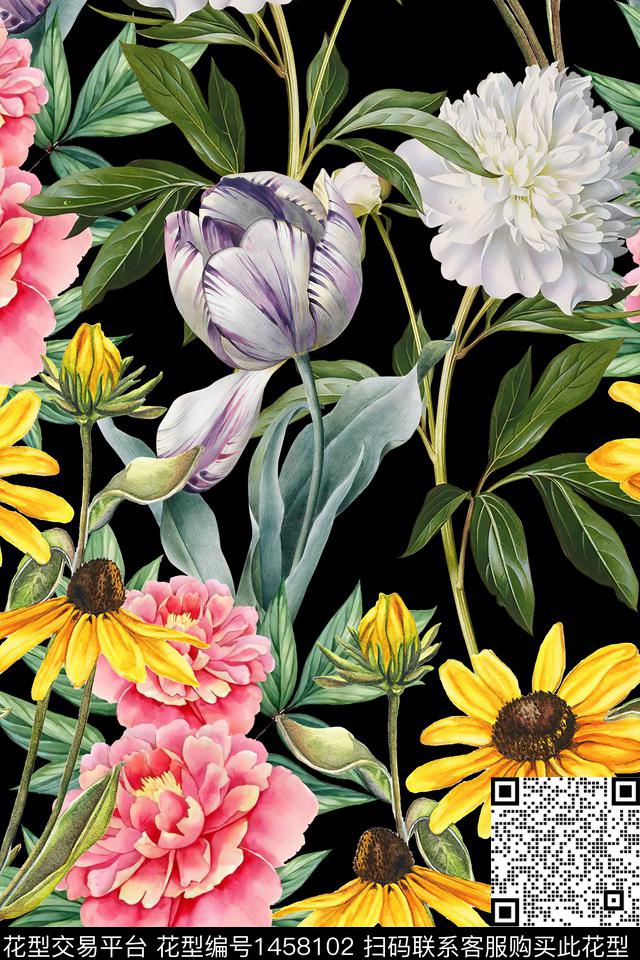 Z11636.jpg - 1458102 - 黑底花卉 花卉 大牌风 - 数码印花花型 － 女装花型设计 － 瓦栏