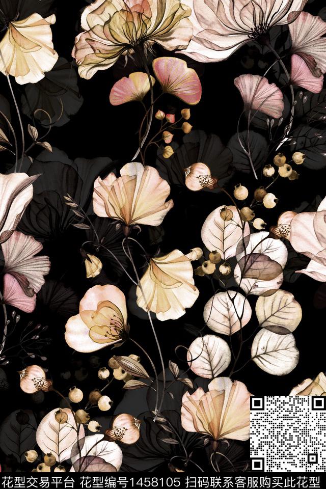 Z11639.jpg - 1458105 - 黑底花卉 花卉 大牌风 - 数码印花花型 － 女装花型设计 － 瓦栏