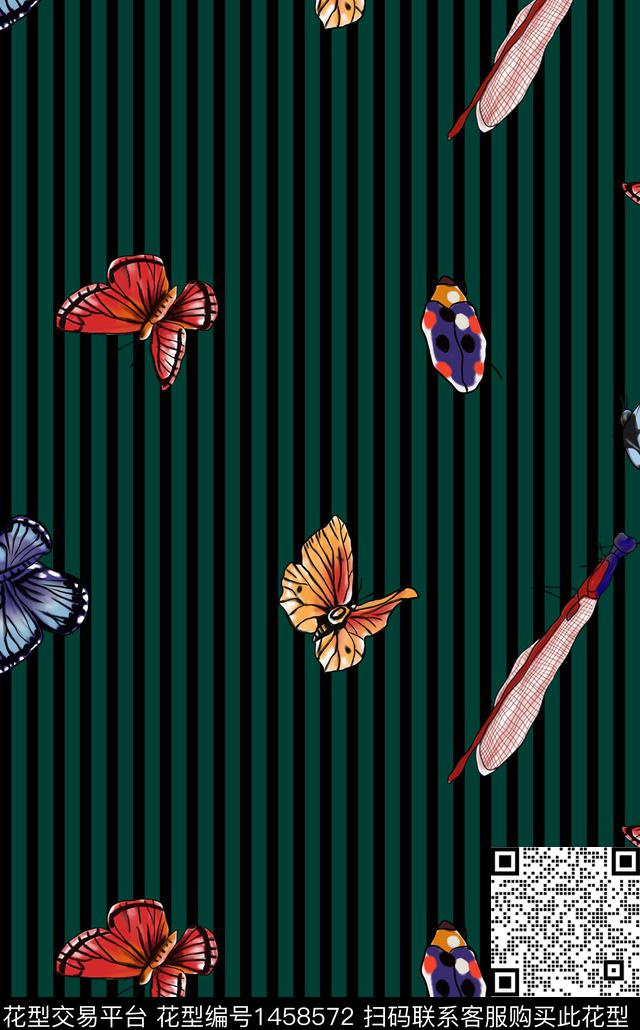 guan934.jpg - 1458572 - 手绘 昆虫 条纹底 - 数码印花花型 － 女装花型设计 － 瓦栏