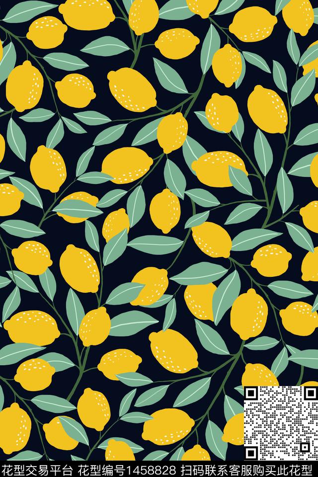柠檬.jpg - 1458828 - 水果 黑底花卉 绿植树叶 - 传统印花花型 － 女装花型设计 － 瓦栏