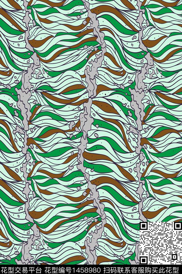 浪花朵朵.jpg - 1458980 - 大牌风 男装 绿色 - 数码印花花型 － 男装花型设计 － 瓦栏