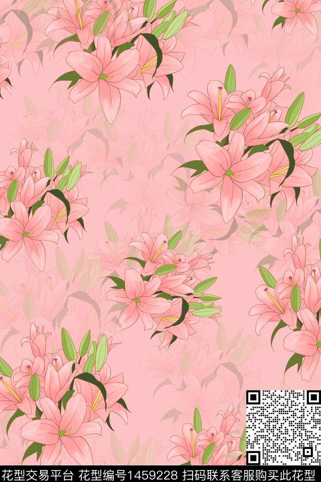 粉色花丛.jpg - 1459228 - 绿植树叶 佩斯利 花卉 - 数码印花花型 － 女装花型设计 － 瓦栏