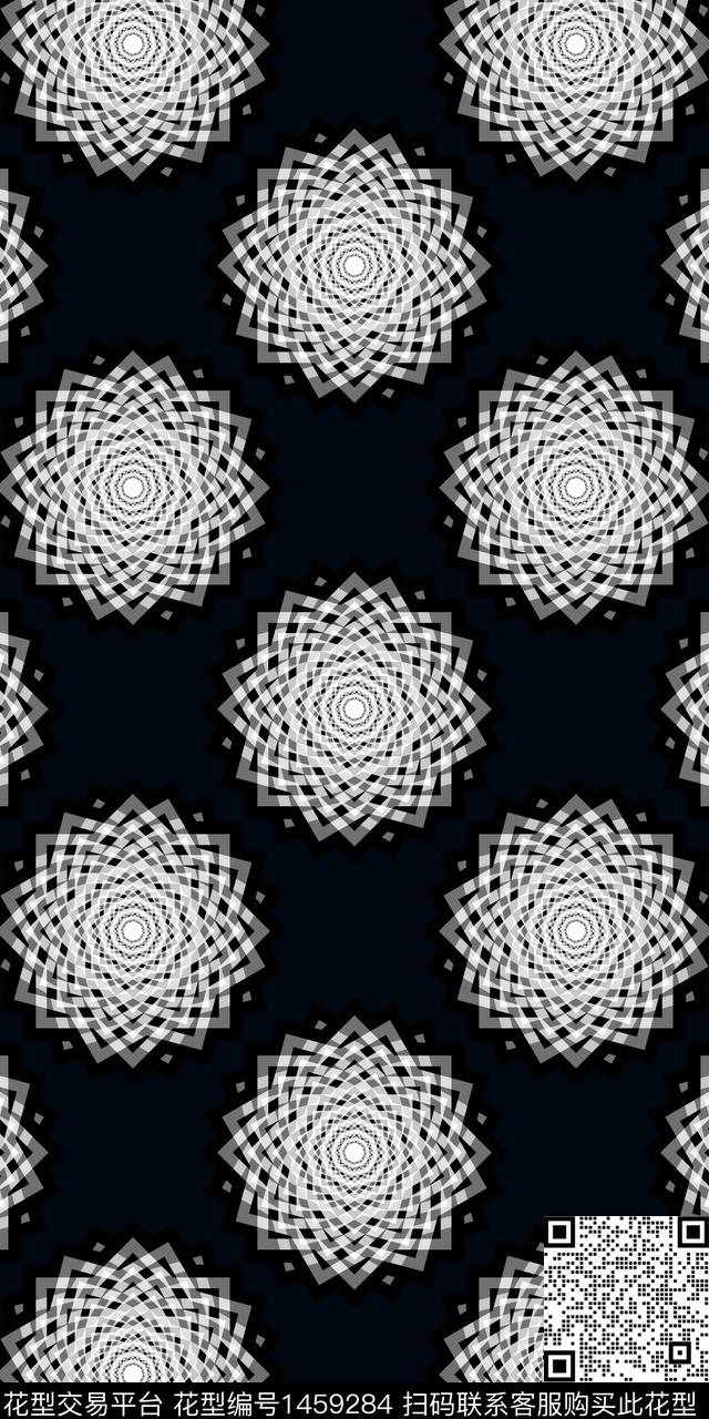 G012.jpg - 1459284 - 黑白花型 几何花卉 抽象 - 数码印花花型 － 男装花型设计 － 瓦栏