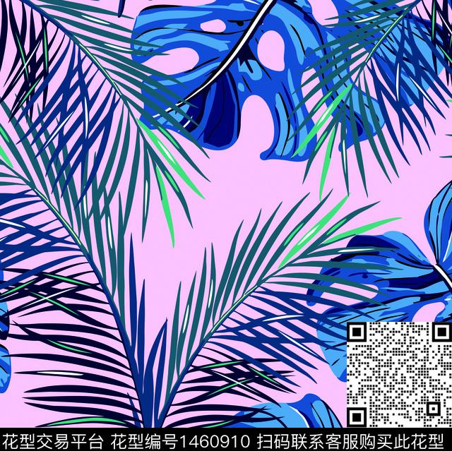 热带6粉.jpg - 1460910 - 绿植树叶 花卉 大牌风 - 数码印花花型 － 泳装花型设计 － 瓦栏