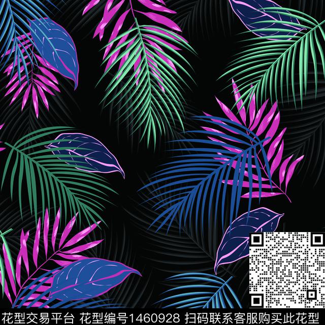 热带3.jpg - 1460928 - 绿植树叶 花卉 大牌风 - 数码印花花型 － 泳装花型设计 － 瓦栏