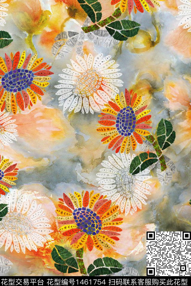 绿植树叶扎染花型花卉数码印花花型下载（图片编号: 1461754） - 瓦栏（Walan）