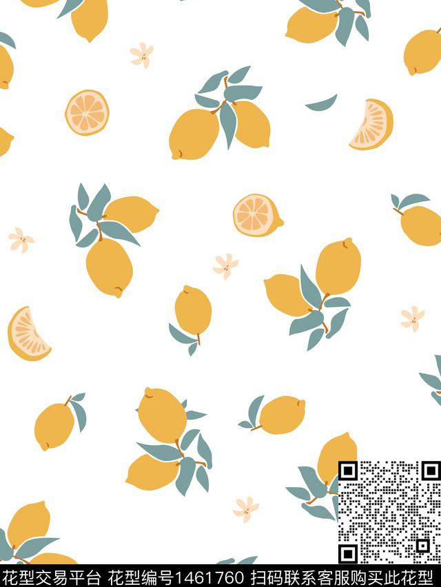 柠檬.jpg - 1461760 - 柠檬 清爽底花卉 夏日 - 数码印花花型 － 女装花型设计 － 瓦栏