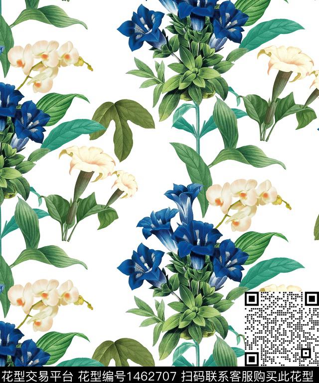 复古花卉白底花数码印花花型下载（图片编号: 1462707） - 瓦栏（Walan）