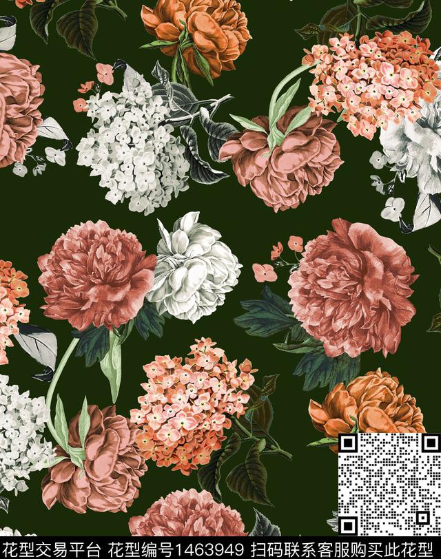 绿植树叶黑底花卉数码花型数码印花花型下载（图片编号: 1463949） - 瓦栏（Walan）