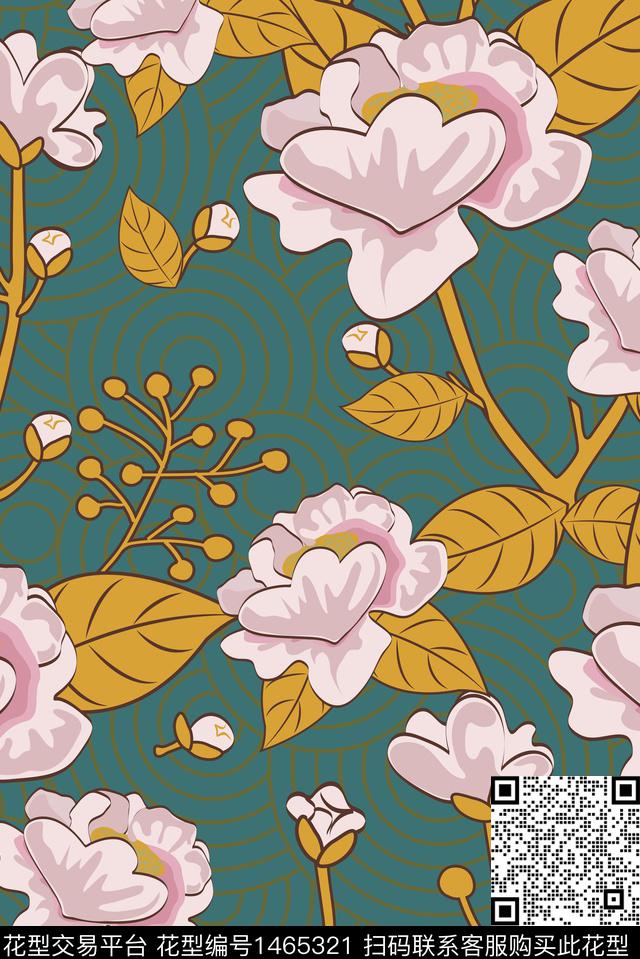 手绘国风花卉电脑图案设计_画板 1.jpg - 1465321 - 大牌风 手绘花卉 国风 - 传统印花花型 － 女装花型设计 － 瓦栏