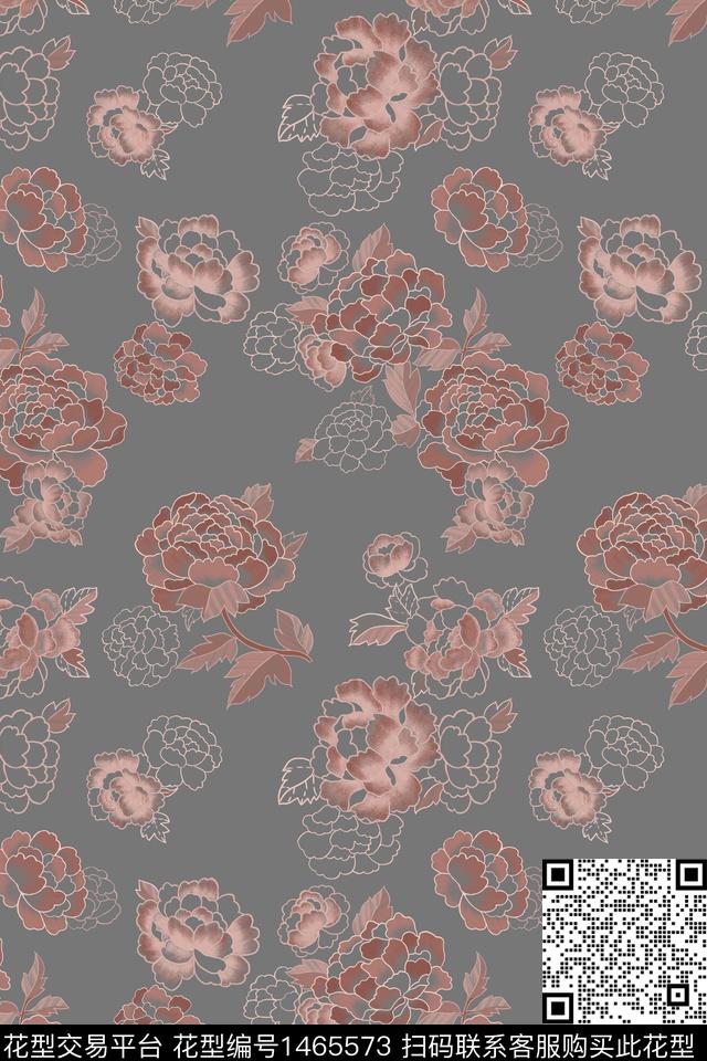 鎏金岁月.jpg - 1465573 - 中国 牡丹 法式田园 - 数码印花花型 － 女装花型设计 － 瓦栏