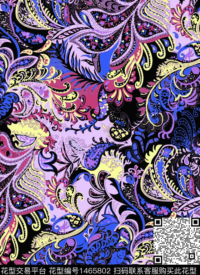 WL轩墨-000037佩斯利紫红组.jpg - 1465802 - 民族风 欧美 创意 - 数码印花花型 － 女装花型设计 － 瓦栏