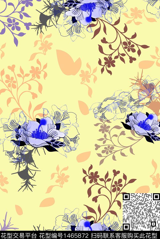 2021-11-28线条花-01.jpg - 1465872 - 定位花 花卉 线条花卉 - 数码印花花型 － 女装花型设计 － 瓦栏