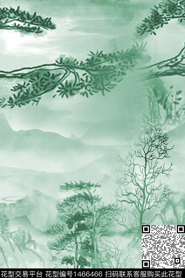 2021-12-02山水-01.jpg - 1466466 - 国画 树 单色 - 数码印花花型 － 女装花型设计 － 瓦栏