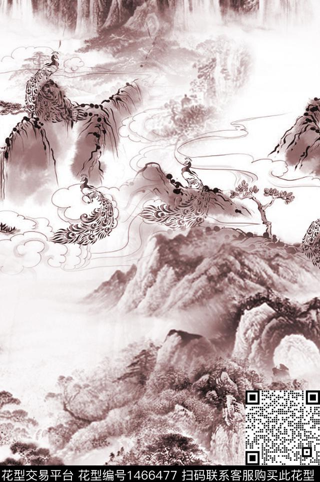 2021-12-02山水孔雀2.jpg - 1466477 - 民族风 孔雀 国画 - 数码印花花型 － 女装花型设计 － 瓦栏