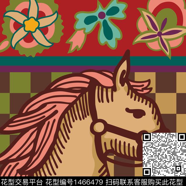 棋盘格古典花马_画板 1.jpg - 1466479 - 动物花卉 花卉 大牌风 - 数码印花花型 － 方巾花型设计 － 瓦栏