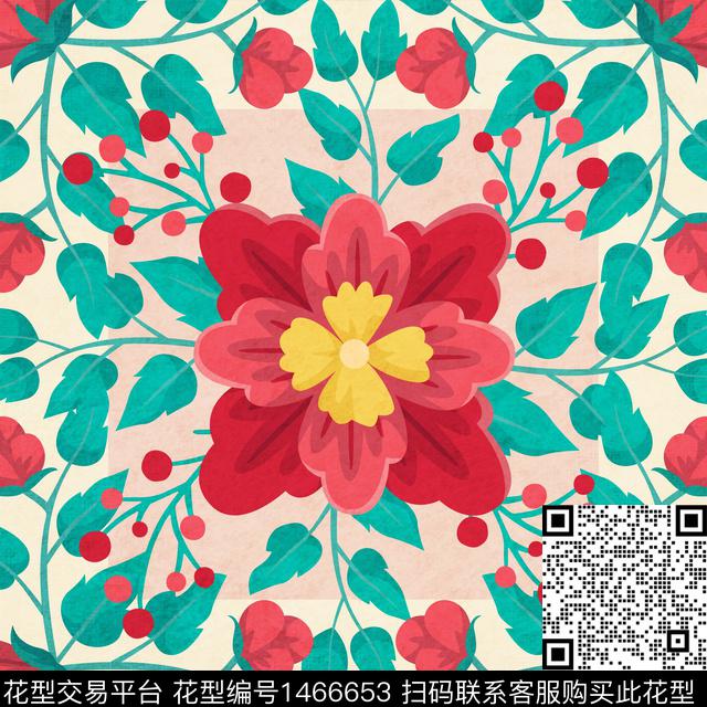 复古富贵花图案_画板 1.jpg - 1466653 - 复古 花卉 古典花纹 - 数码印花花型 － 方巾花型设计 － 瓦栏