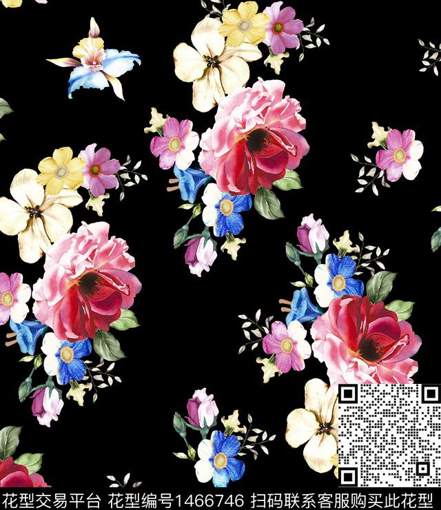 2021120401.jpg - 1466746 - 民族花卉 黑底花卉 玫瑰花 - 传统印花花型 － 女装花型设计 － 瓦栏