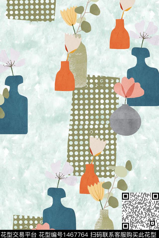格子花瓶小清新数码印花花型下载（图片编号: 1467764） - 瓦栏（Walan）
