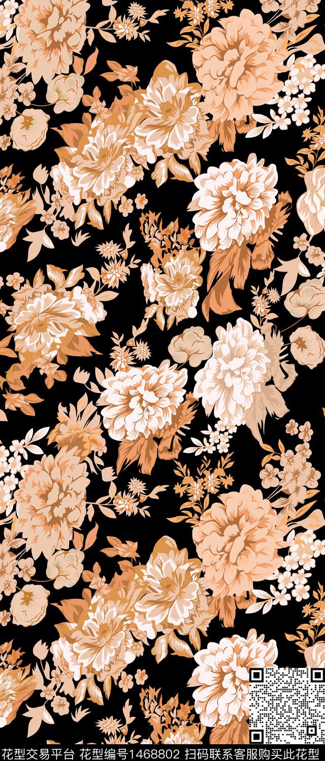 数码花型黑底花卉花卉数码印花花型下载（图片编号: 1468802） - 瓦栏（Walan）