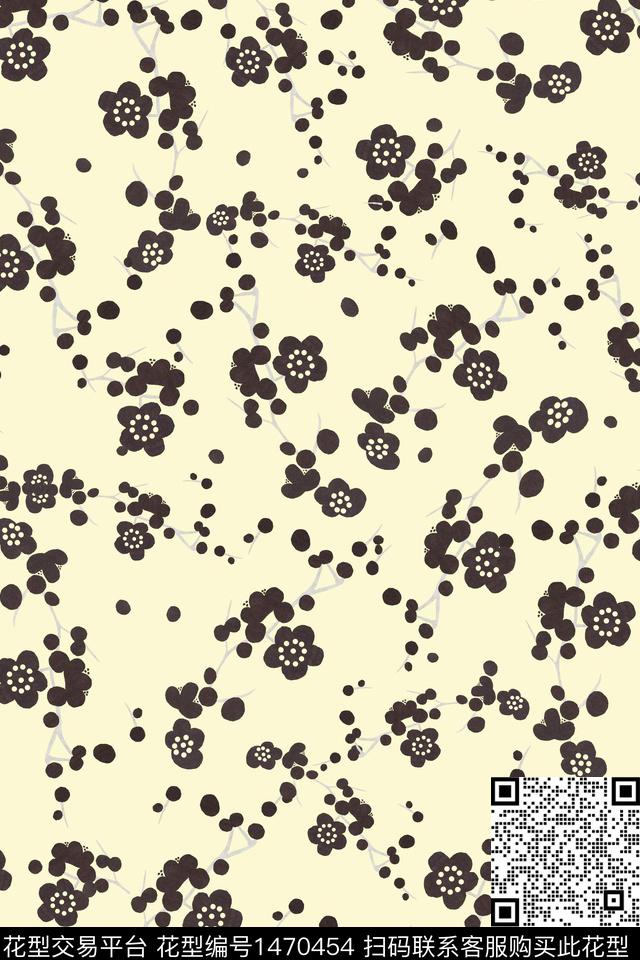 年轻女性小碎花浅黄数码印花花型下载（图片编号: 1470454） - 瓦栏（Walan）