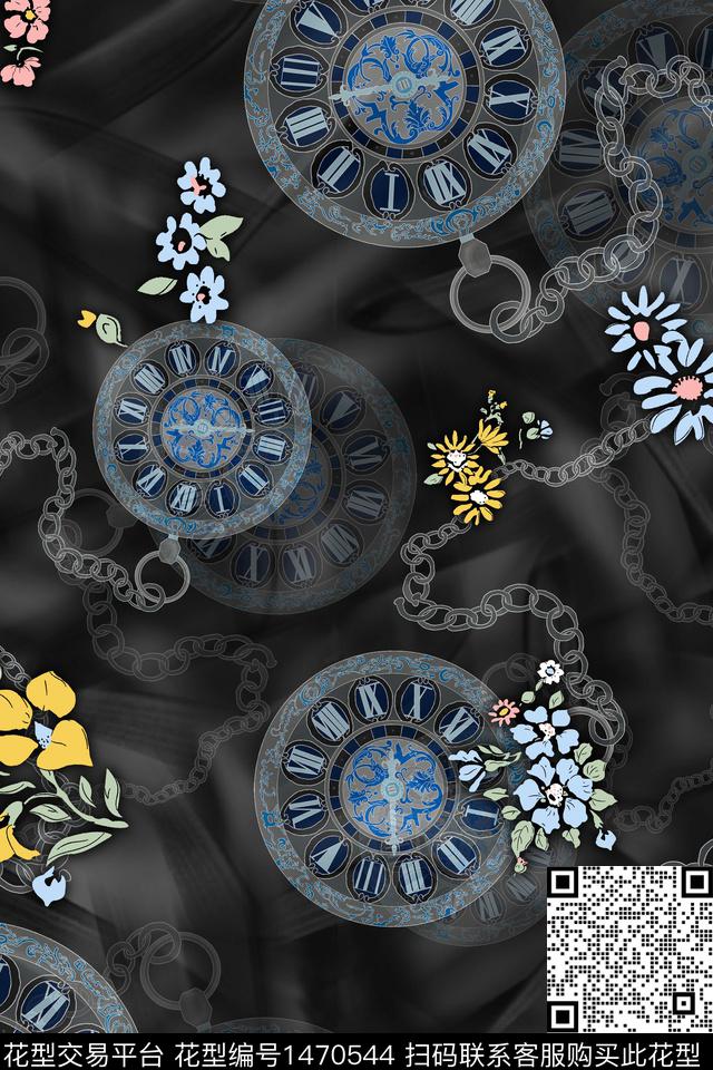 数码花型黑底花卉链条数码印花花型下载（图片编号: 1470544） - 瓦栏（Walan）
