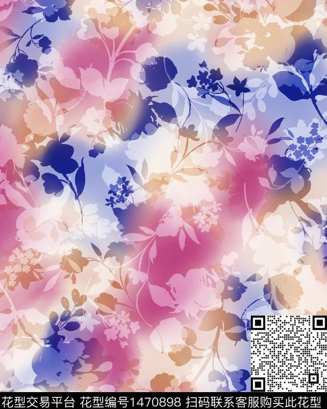 渐变剪影花卉枝叶数码印花花型下载（图片编号: 1470898） - 瓦栏（Walan）