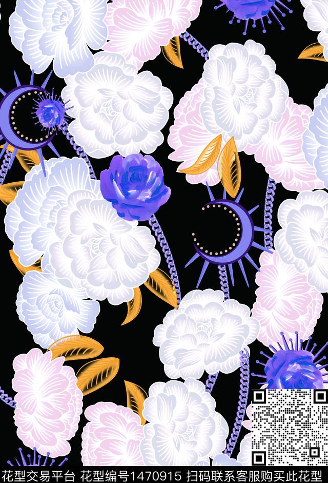 黑底花卉链条花卉数码印花花型下载（图片编号: 1470915） - 瓦栏（Walan）