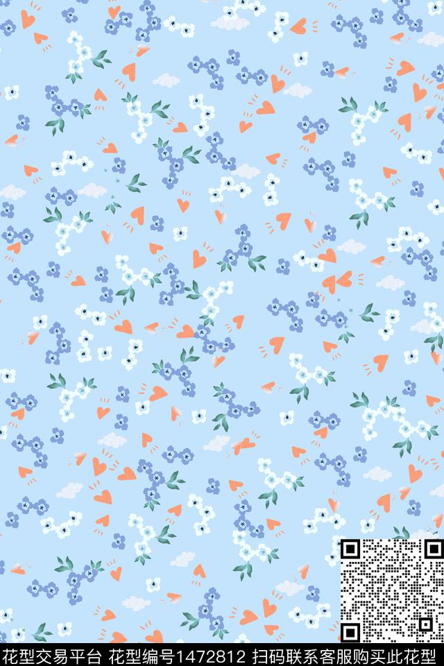 爱心蓝色花卉数码印花花型下载（图片编号: 1472812） - 瓦栏（Walan）