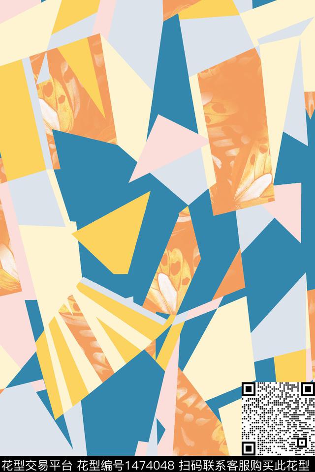 撞色几何抽象花卉数码印花花型下载（图片编号: 1474048） - 瓦栏（Walan）