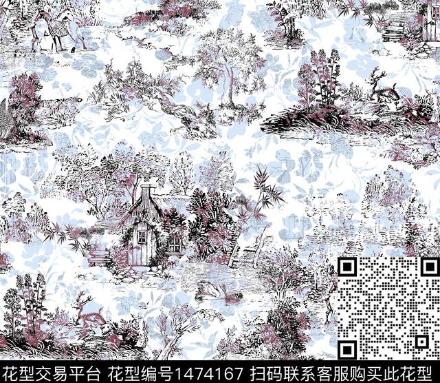 动物头天鹅素描画数码印花花型下载（图片编号: 1474167） - 瓦栏（Walan）