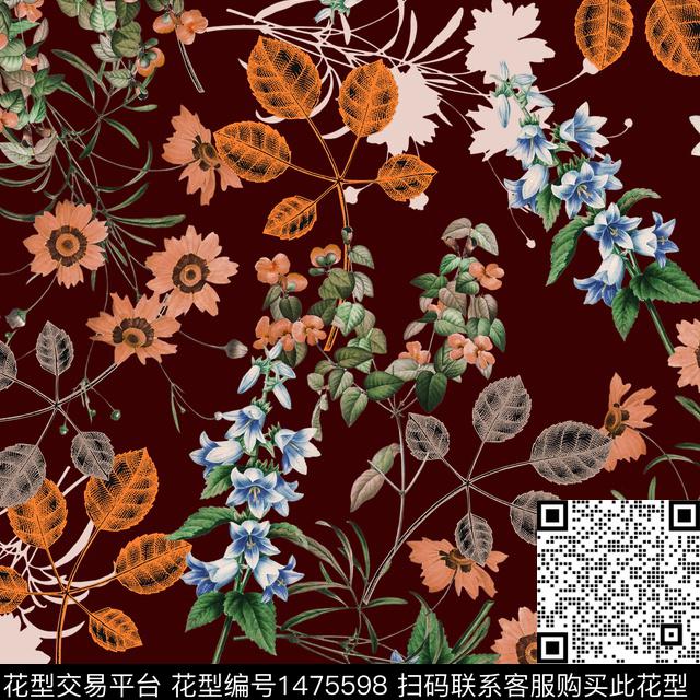 绿植树叶春夏花型大牌风数码印花花型下载（图片编号: 1475598） - 瓦栏（Walan）