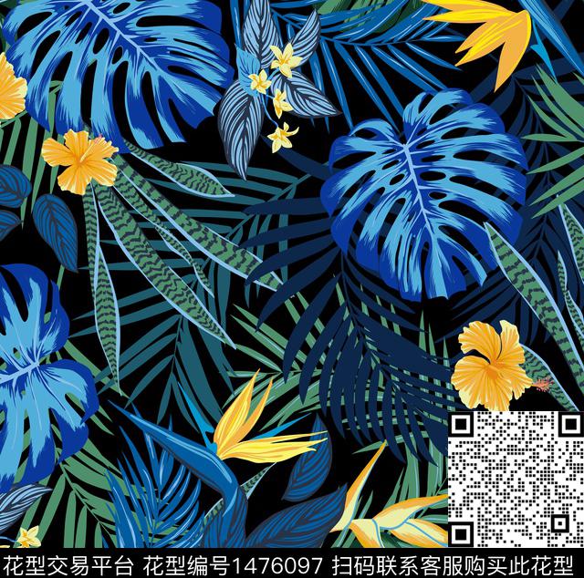 热带植物.jpg - 1476097 - 绿植树叶 花卉 大牌风 - 数码印花花型 － 泳装花型设计 － 瓦栏