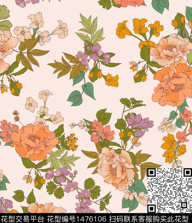 花卉大牌风小清新数码印花花型下载（图片编号: 1476106） - 瓦栏（Walan）