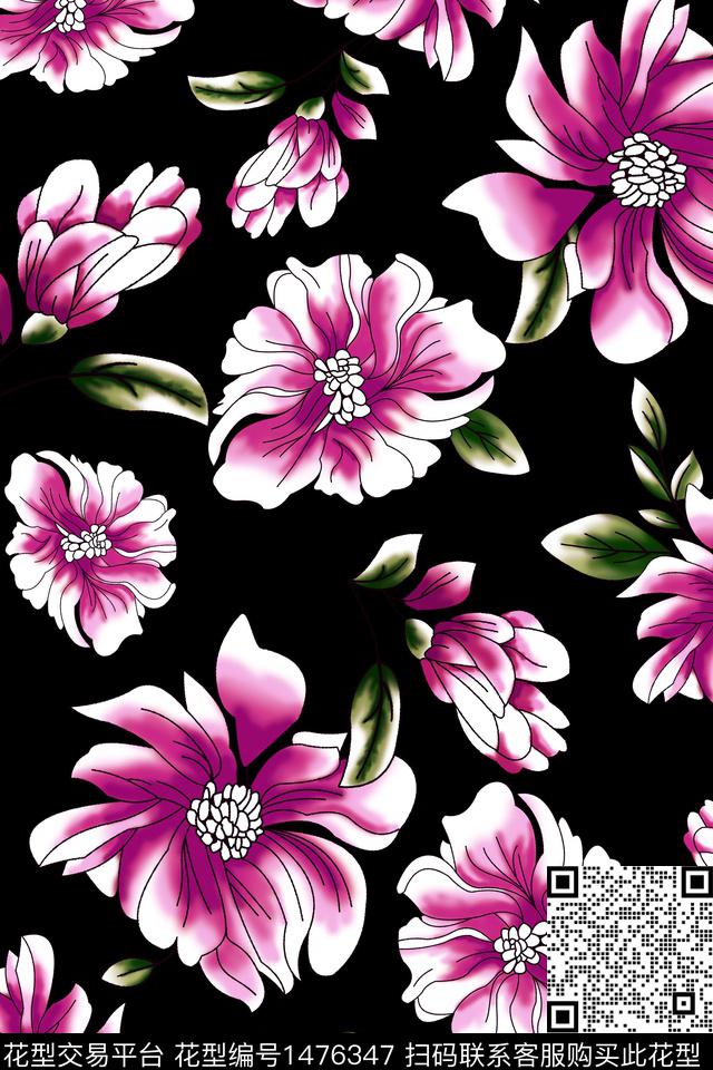 黑底花卉清爽数码印花花型下载（图片编号: 1476347） - 瓦栏（Walan）