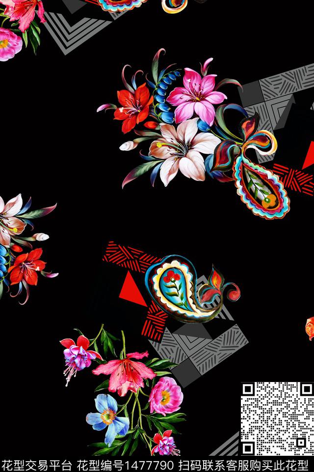 连衣裙几何花卉红花数码印花花型下载（图片编号: 1477790） - 瓦栏（Walan）