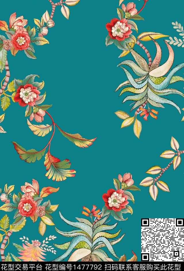 彩底花卉蓝色春夏花型数码印花花型下载（图片编号: 1477792） - 瓦栏（Walan）
