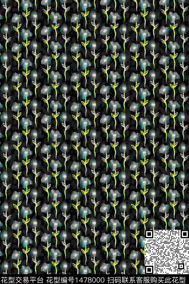 小碎花渐变小花黑底花卉传统印花花型下载（图片编号: 1478000） - 瓦栏（Walan）