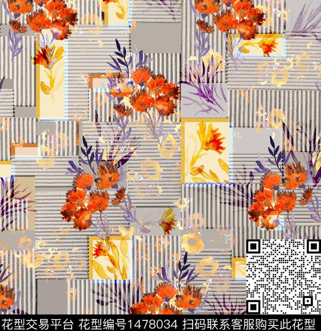 几何大牌风手绘花卉传统印花花型下载（图片编号: 1478034） - 瓦栏（Walan）