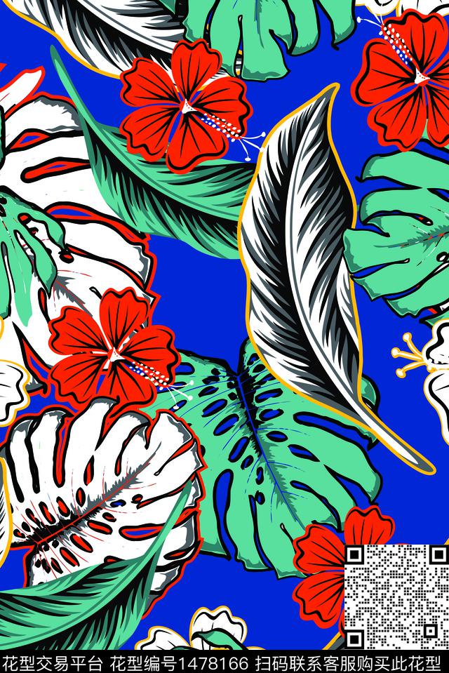 热带7蓝.jpg - 1478166 - 绿植树叶 花卉 大牌风 - 数码印花花型 － 女装花型设计 － 瓦栏