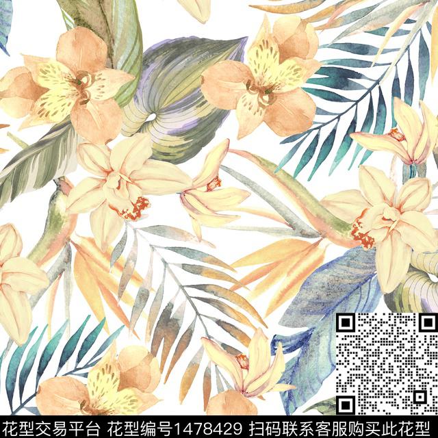 绿植树叶热带花型数码印花花型下载（图片编号: 1478429） - 瓦栏（Walan）