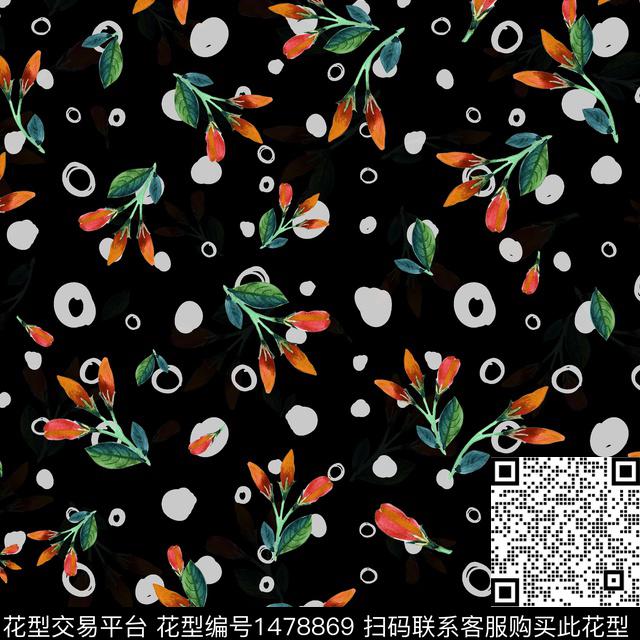 小碎花黑底花卉波点数码印花花型下载（图片编号: 1478869） - 瓦栏（Walan）