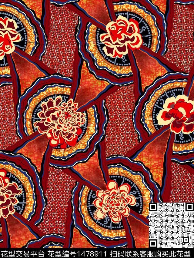 2022026ok.jpg - 1478911 - 几何花卉 民族风 香云纱 - 数码印花花型 － 女装花型设计 － 瓦栏