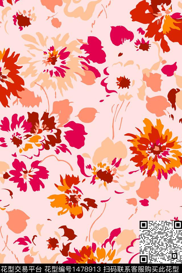 几何花卉写意简约数码印花花型下载（图片编号: 1478913） - 瓦栏（Walan）