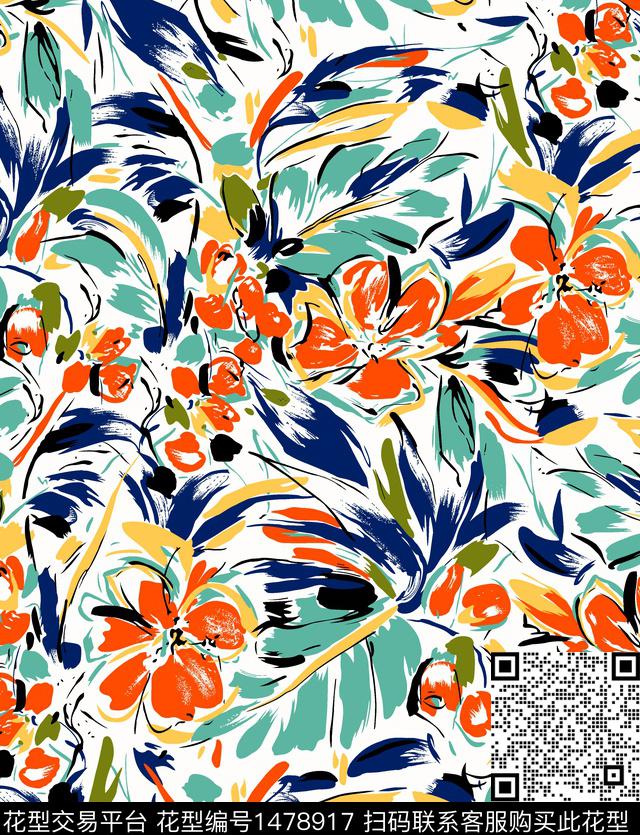 简约抽象花卉笔触数码印花花型下载（图片编号: 1478917） - 瓦栏（Walan）