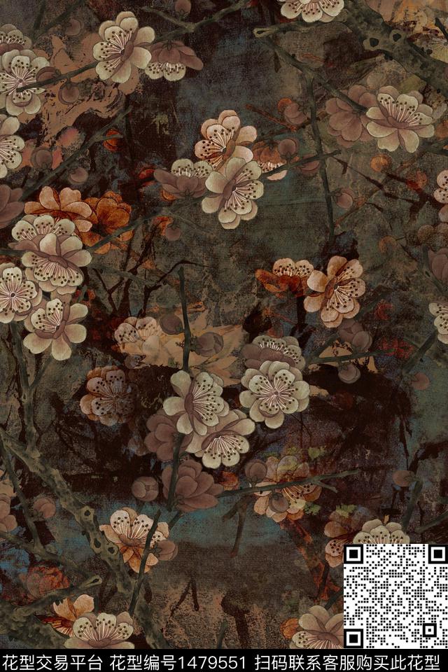 Orst_xx2226L.jpg - 1479551 - 花卉 香云纱 中国 - 数码印花花型 － 女装花型设计 － 瓦栏