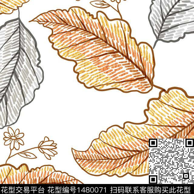 叶子抱枕.jpg - 1480071 - 花卉蝴蝶 花卉 大牌风 - 数码印花花型 － 床品花型设计 － 瓦栏