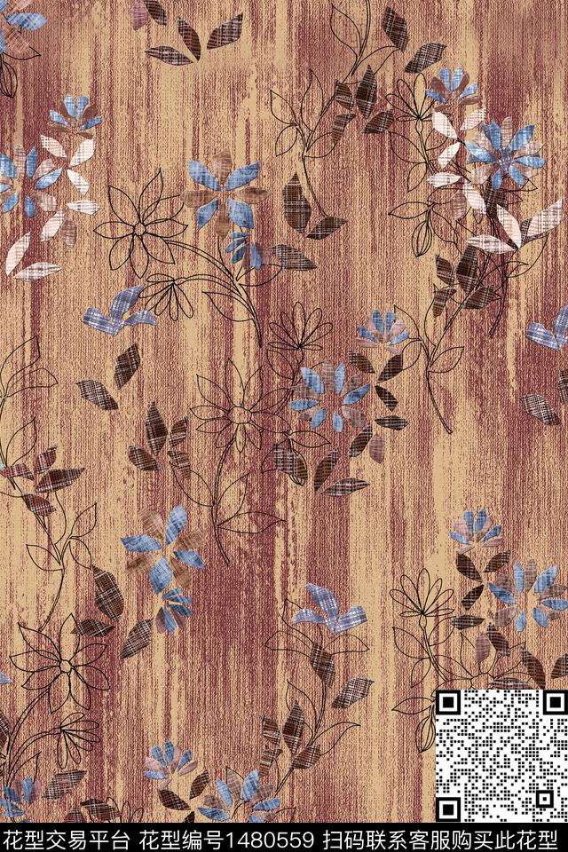 线条抽象花卉纹理数码印花花型下载（图片编号: 1480559） - 瓦栏（Walan）